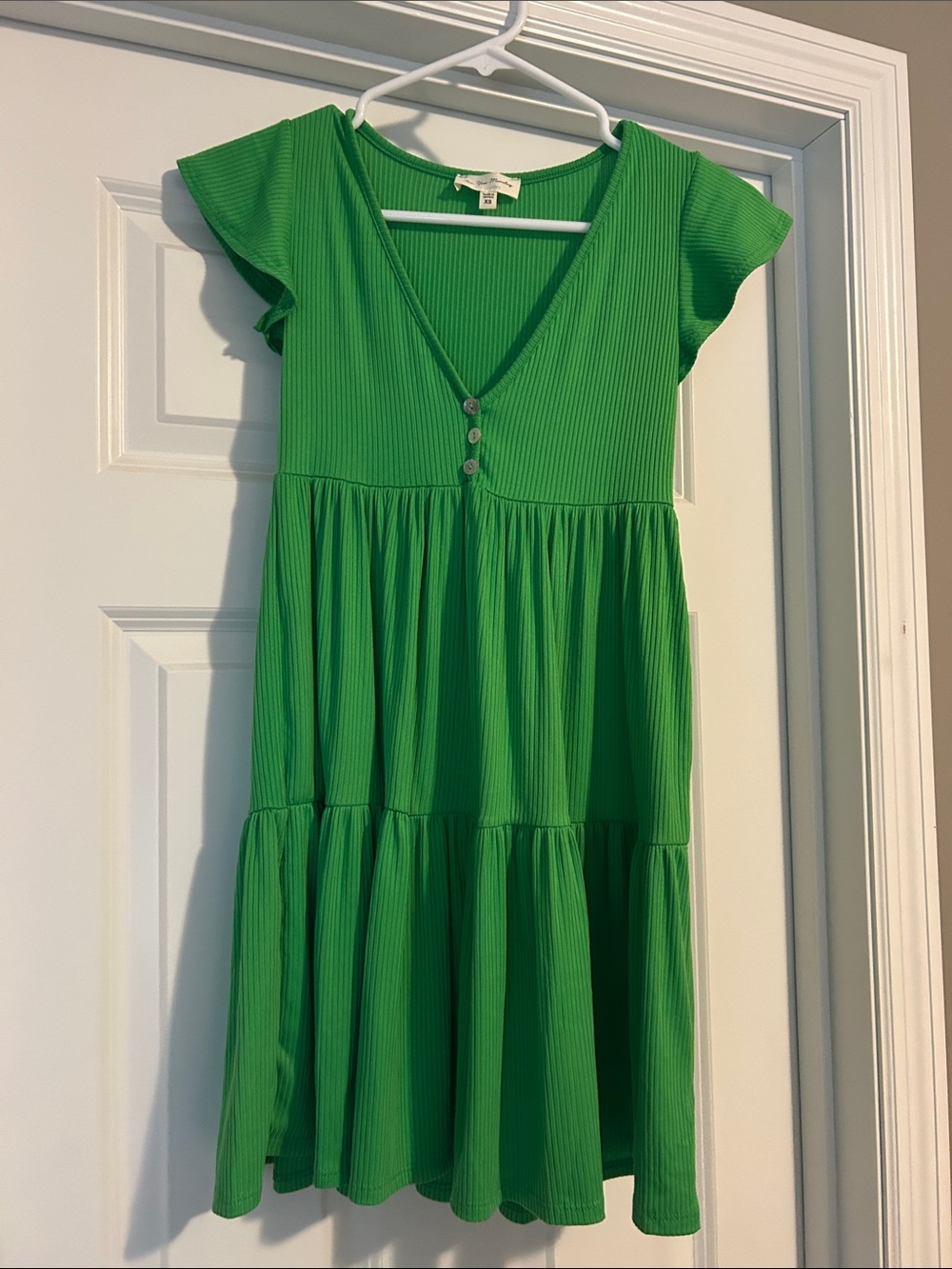 See You Monday Green Ribbed V-Neck Tiered Mini Dress